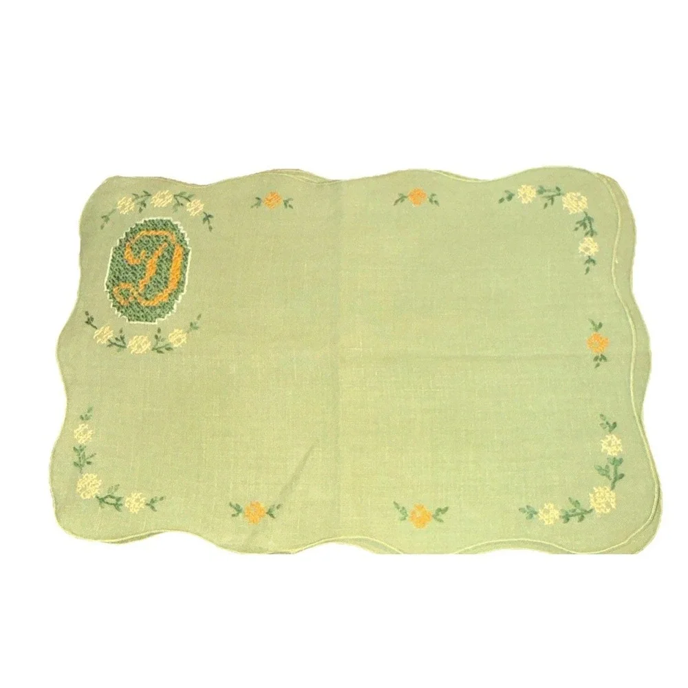 Lot 8 Vintage Hand stitched Embroidered Linens  Green Linen Floral Cottagecore